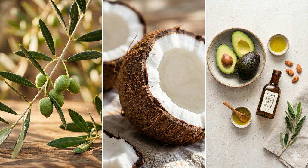 Ästhetisches Flatlay aus der Vogelperspektive mit frischen Oliven, einer halbierten Kokosnuss und reifen Avocados auf einem hellen Hintergrund – gesunde, unverarbeitete Fettquellen aus der Natur.
