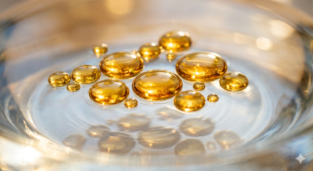 Ästhetische Nahaufnahme von goldenen Öltropfen, die perfekt geformt auf einer klaren Wasseroberfläche im warmen Sonnenlicht schweben – Symbol für die Integrität gesunder Zellen.